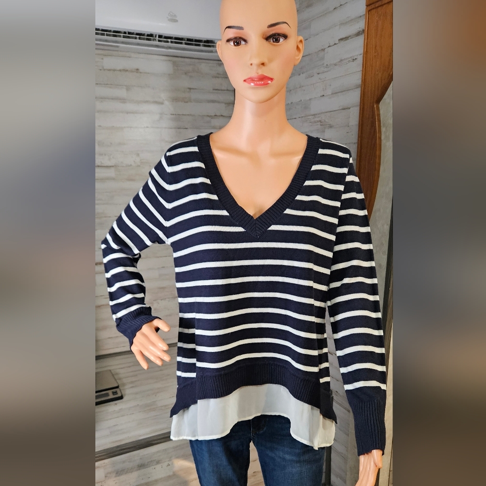 New York & Company Navy and White V-Neck Sweater